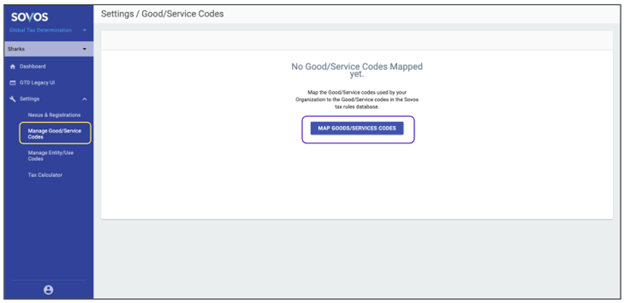 The Manage Goods/Service Codes button is highlighted in yellow on the left side of the screen under the settings tab. The Map Goods/Service Codes button is highlighted in purple in the center of the screen.