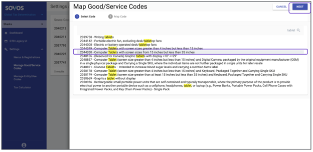 A list of goods/service codes and a Next button in the top right corner of the screen.