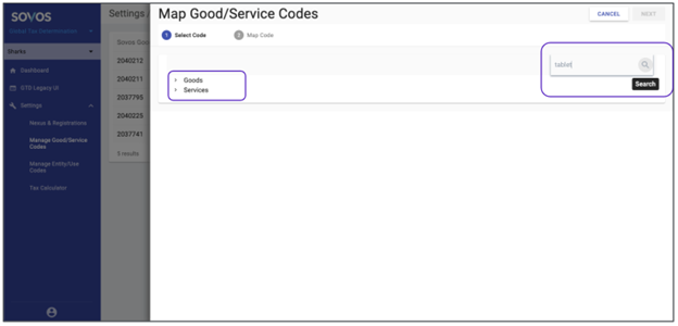 The Goods and Service codes and the search bar in the dropdown menu are highlighted.