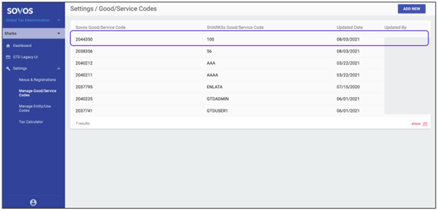 A list of saved mappings on the Manage Goods/Service Codes page.